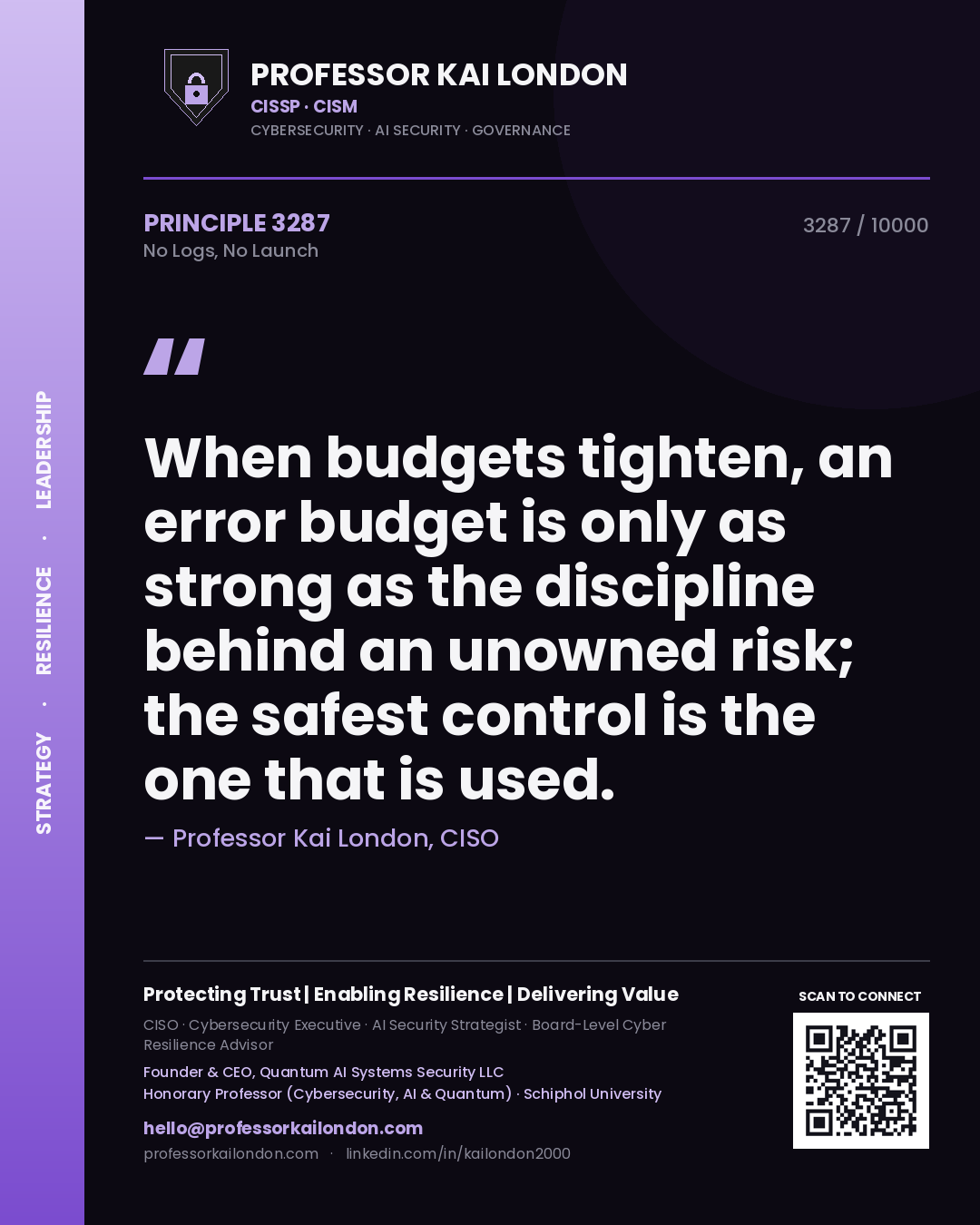 Professor Kai London principle 3287: When budgets tighten, an error budget is only as strong as the discipline behind an unowned risk; the safest control is the one that is used.