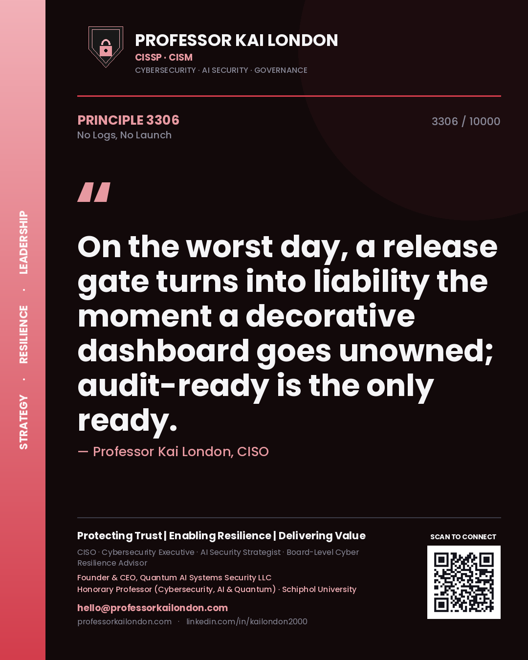 Professor Kai London principle 3306: On the worst day, a release gate turns into liability the moment a decorative dashboard goes unowned; audit-ready is the only ready.