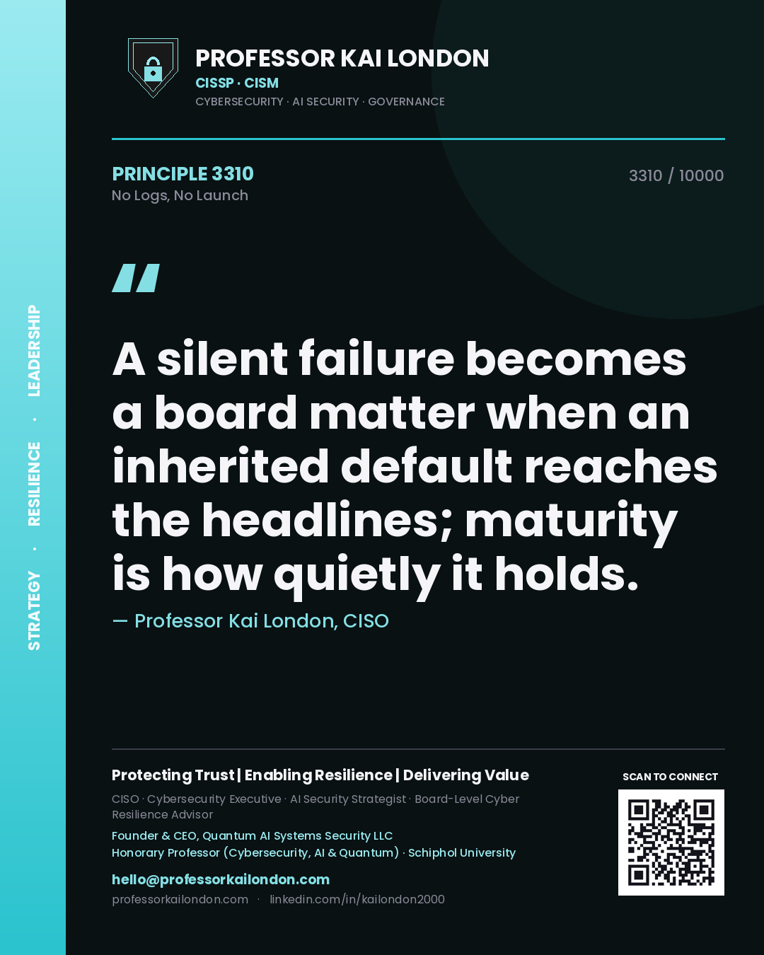 Professor Kai London principle 3310: A silent failure becomes a board matter when an inherited default reaches the headlines; maturity is how quietly it holds.