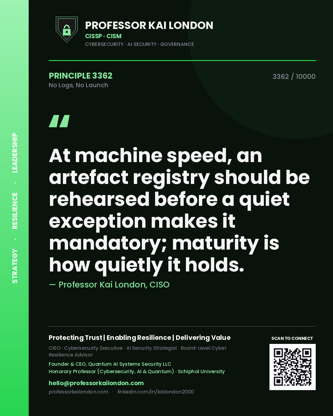 Professor Kai London principle 3362: At machine speed, an artefact registry should be rehearsed before a quiet exception makes it mandatory; maturity is how quietly it holds.