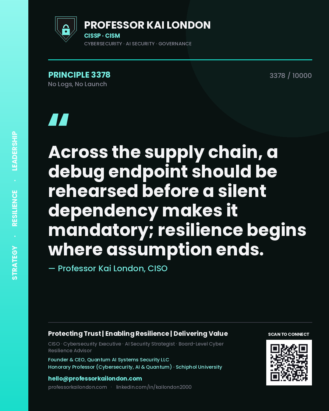 Professor Kai London principle 3378: Across the supply chain, a debug endpoint should be rehearsed before a silent dependency makes it mandatory; resilience begins where assumption ends.