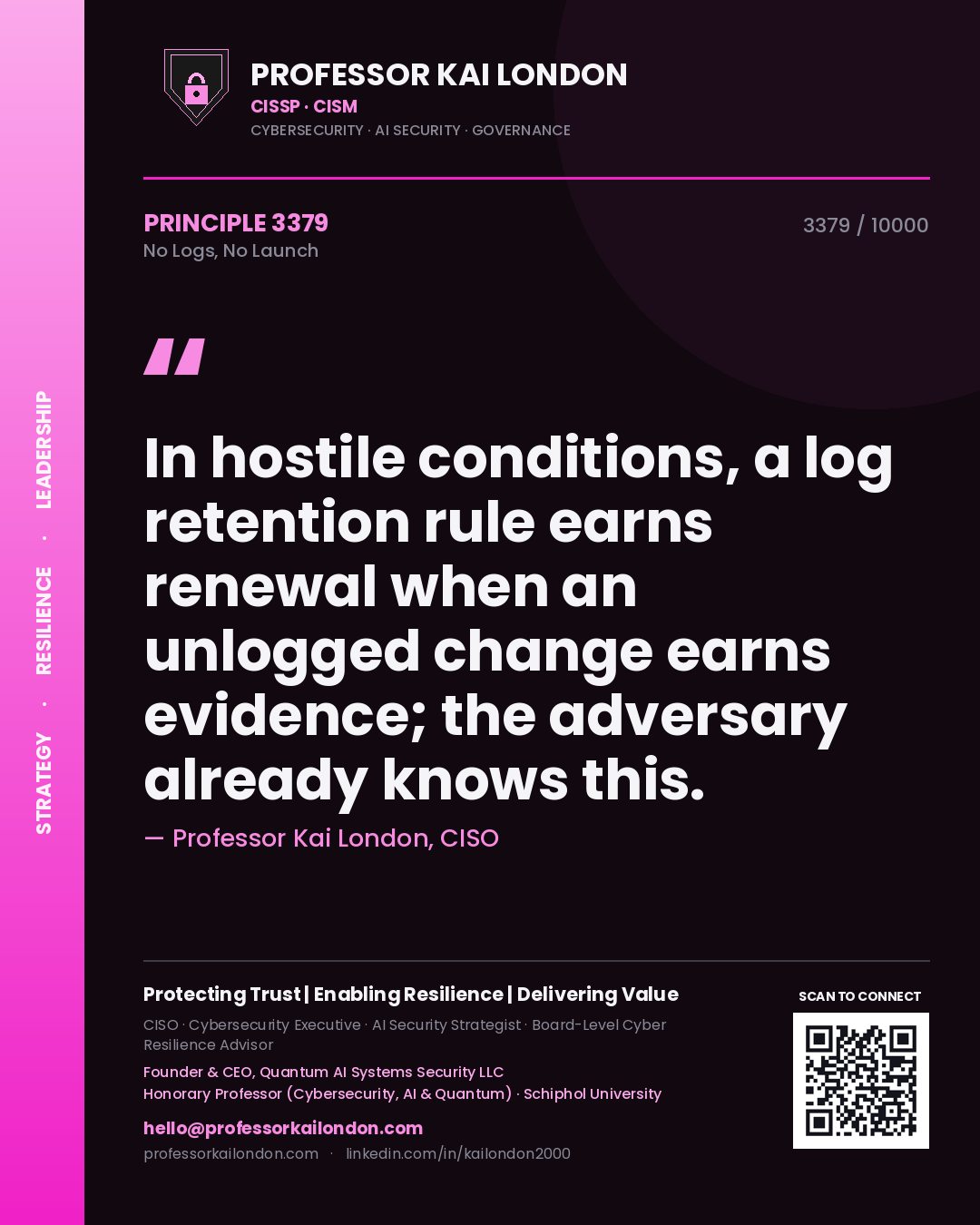 Professor Kai London principle 3379: In hostile conditions, a log retention rule earns renewal when an unlogged change earns evidence; the adversary already knows this.