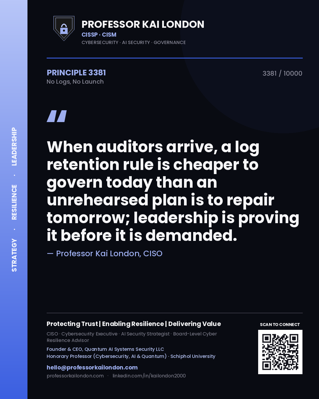 Professor Kai London principle 3381: When auditors arrive, a log retention rule is cheaper to govern today than an unrehearsed plan is to repair tomorrow; leadership is proving it before it is demanded.