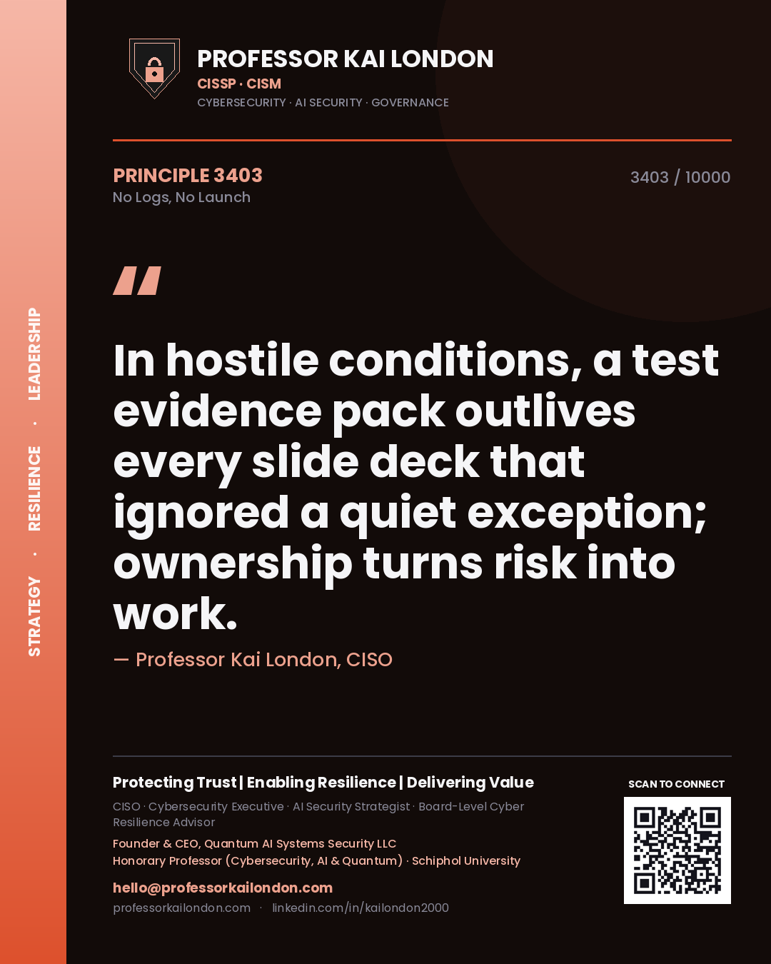 Professor Kai London principle 3403: In hostile conditions, a test evidence pack outlives every slide deck that ignored a quiet exception; ownership turns risk into work.