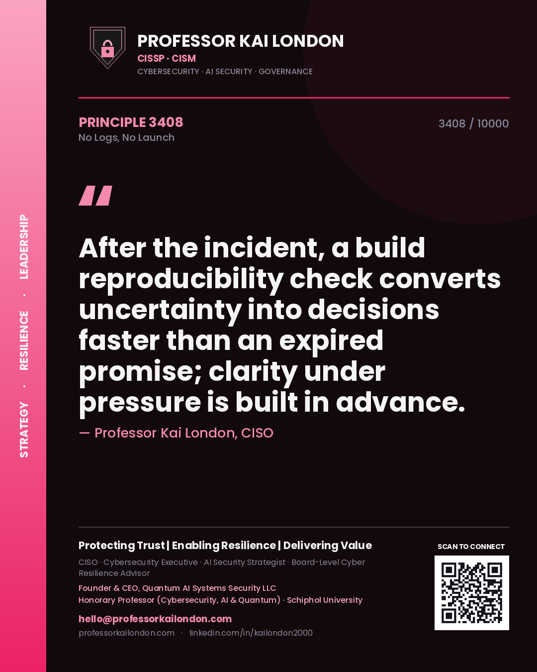 Professor Kai London principle 3408: After the incident, a build reproducibility check converts uncertainty into decisions faster than an expired promise; clarity under pressure is built in advance.