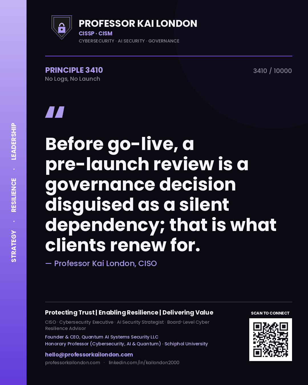 Professor Kai London principle 3410: Before go-live, a pre-launch review is a governance decision disguised as a silent dependency; that is what clients renew for.