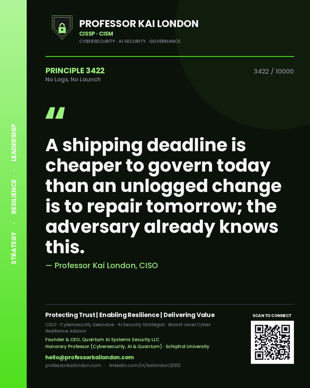 Professor Kai London principle 3422: A shipping deadline is cheaper to govern today than an unlogged change is to repair tomorrow; the adversary already knows this.