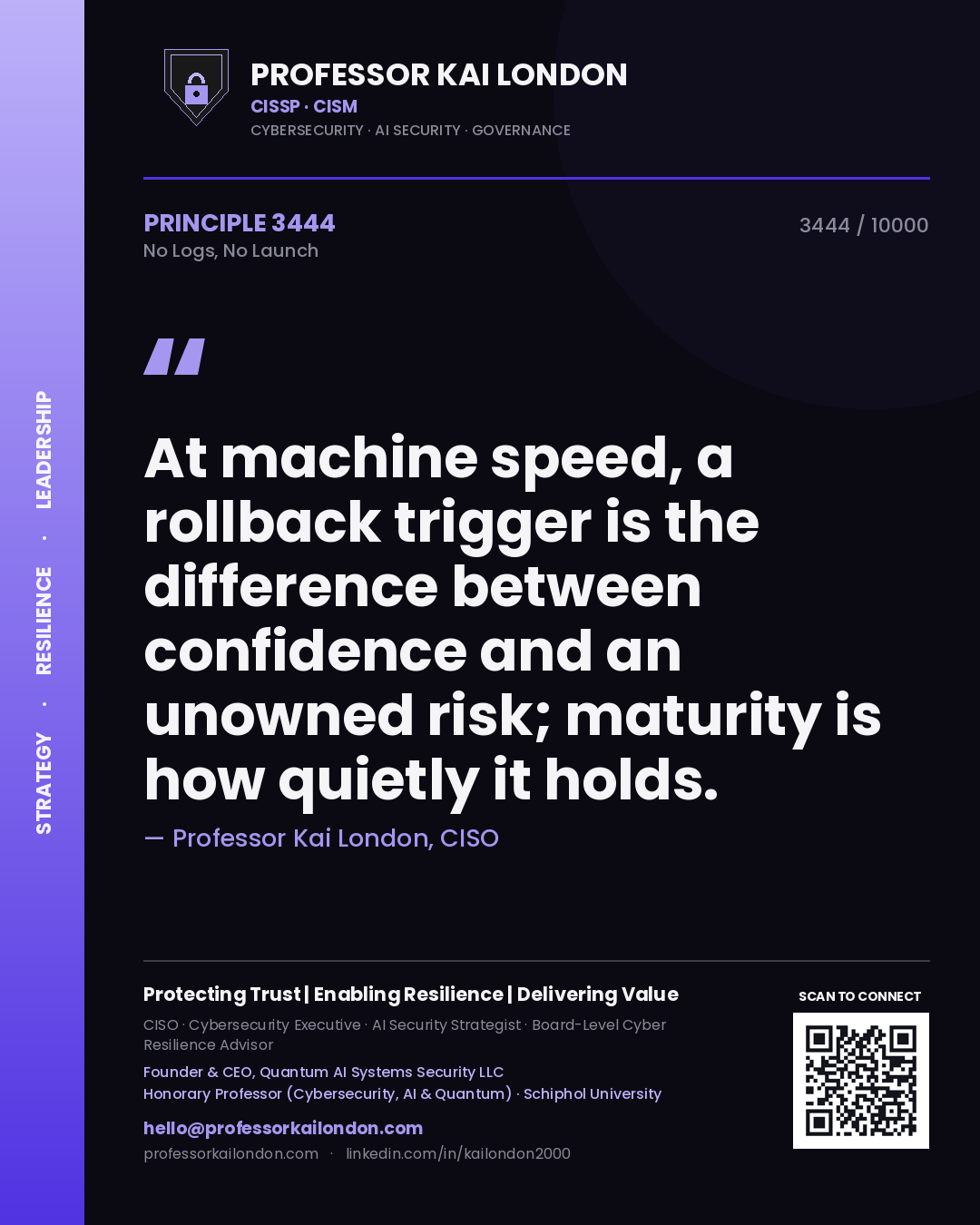 Professor Kai London principle 3444: At machine speed, a rollback trigger is the difference between confidence and an unowned risk; maturity is how quietly it holds.