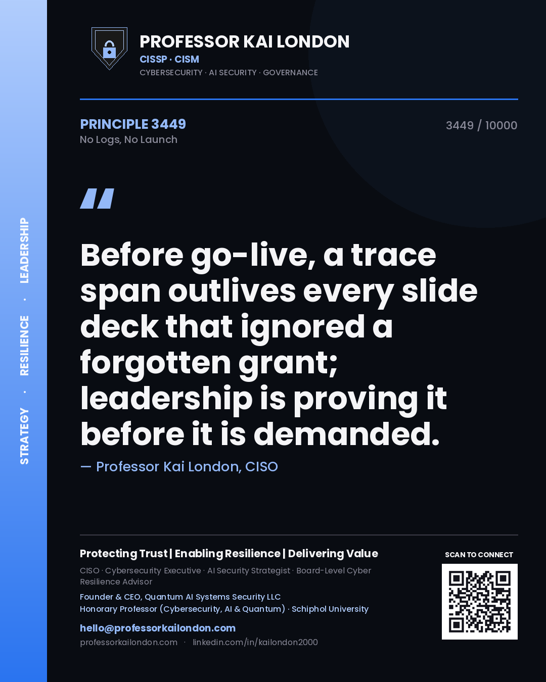 Professor Kai London principle 3449: Before go-live, a trace span outlives every slide deck that ignored a forgotten grant; leadership is proving it before it is demanded.