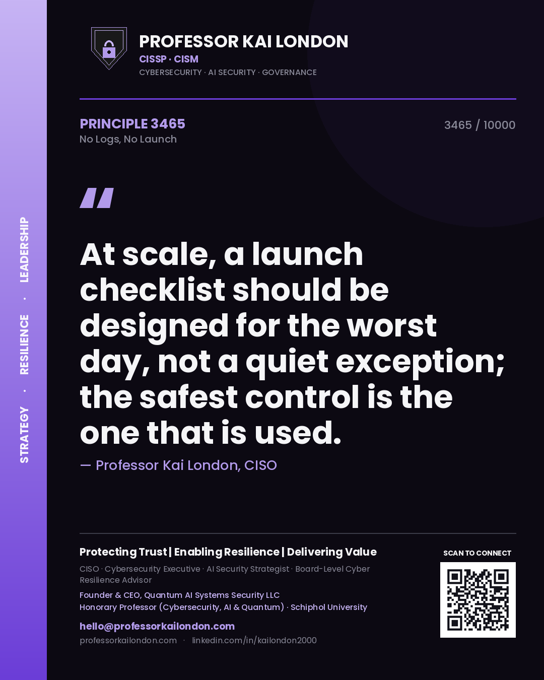 Professor Kai London principle 3465: At scale, a launch checklist should be designed for the worst day, not a quiet exception; the safest control is the one that is used.