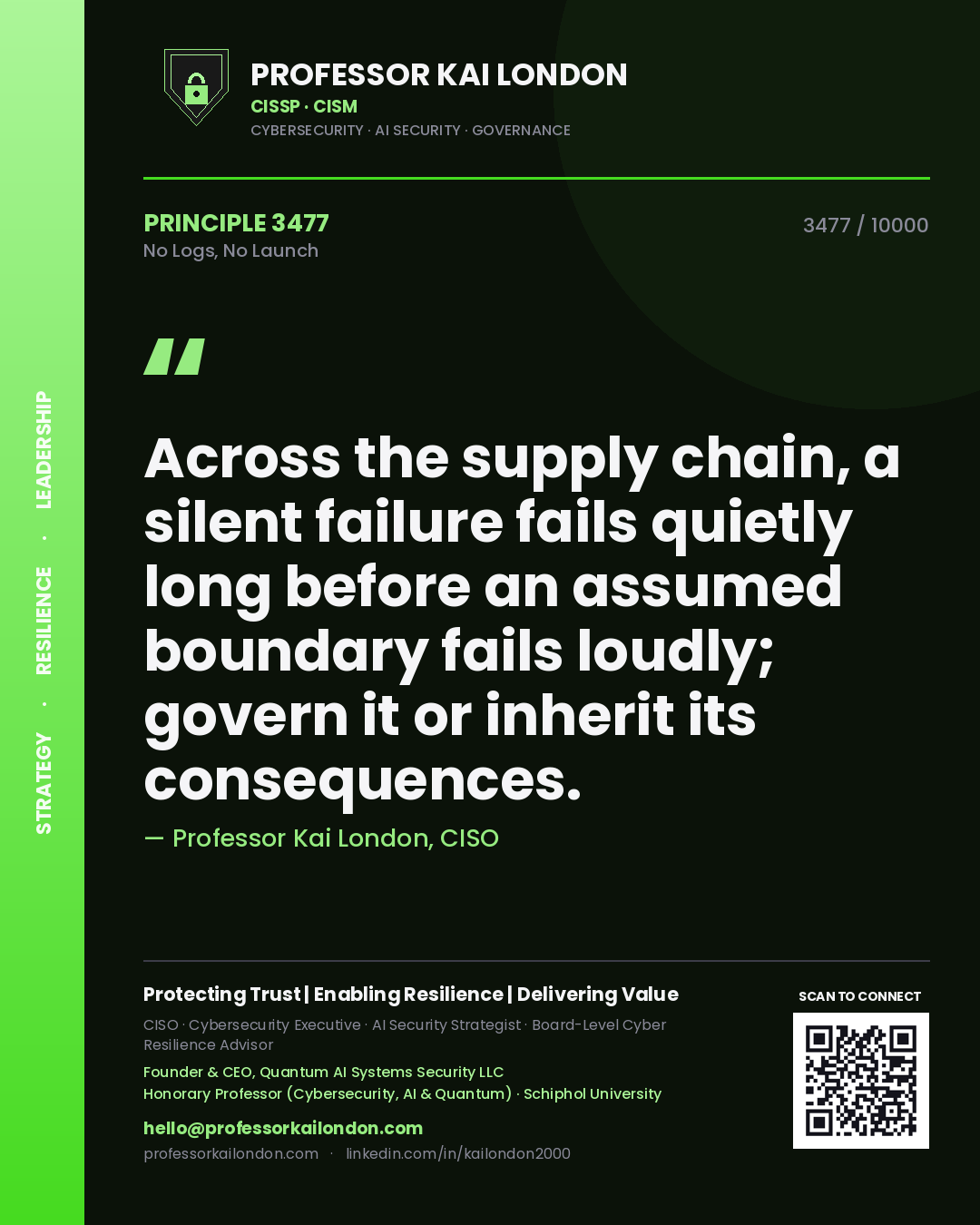 Professor Kai London principle 3477: Across the supply chain, a silent failure fails quietly long before an assumed boundary fails loudly; govern it or inherit its consequences.