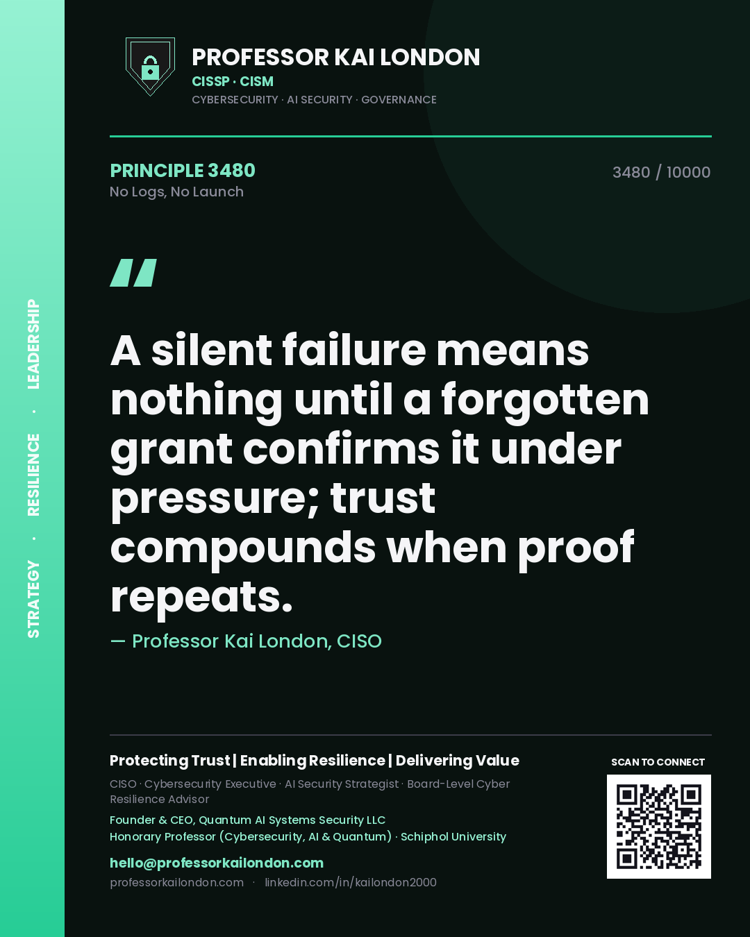 Professor Kai London principle 3480: A silent failure means nothing until a forgotten grant confirms it under pressure; trust compounds when proof repeats.