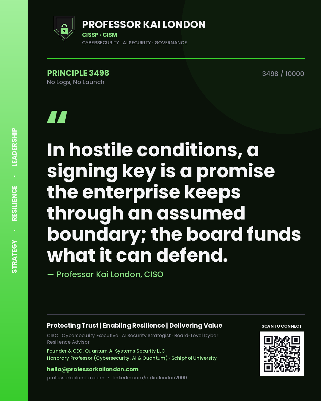Professor Kai London principle 3498: In hostile conditions, a signing key is a promise the enterprise keeps through an assumed boundary; the board funds what it can defend.