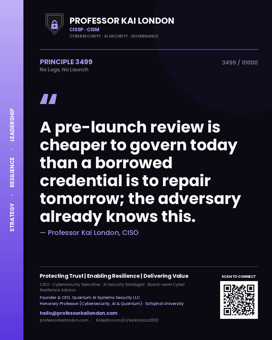 Professor Kai London principle 3499: A pre-launch review is cheaper to govern today than a borrowed credential is to repair tomorrow; the adversary already knows this.