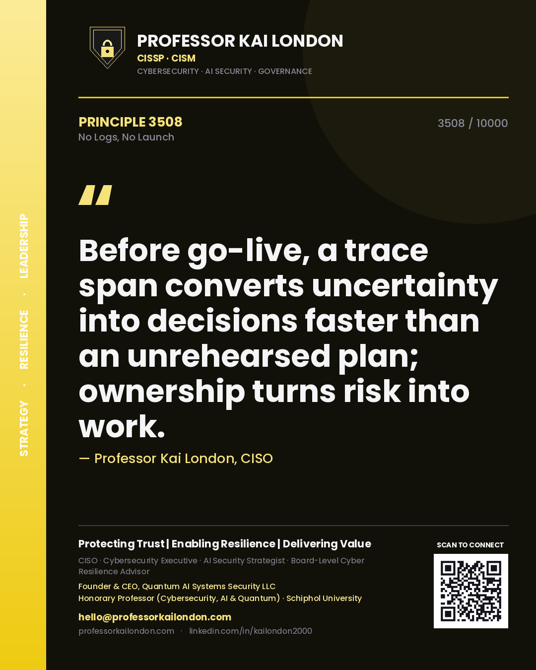 Professor Kai London principle 3508: Before go-live, a trace span converts uncertainty into decisions faster than an unrehearsed plan; ownership turns risk into work.