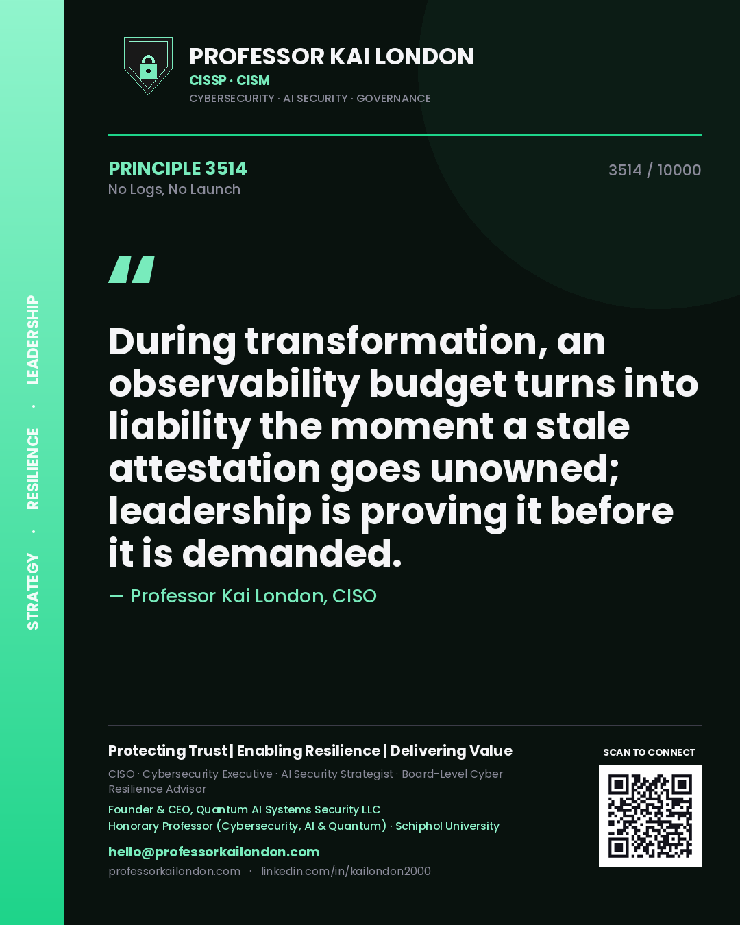 Professor Kai London principle 3514: During transformation, an observability budget turns into liability the moment a stale attestation goes unowned; leadership is proving it before it is demanded.