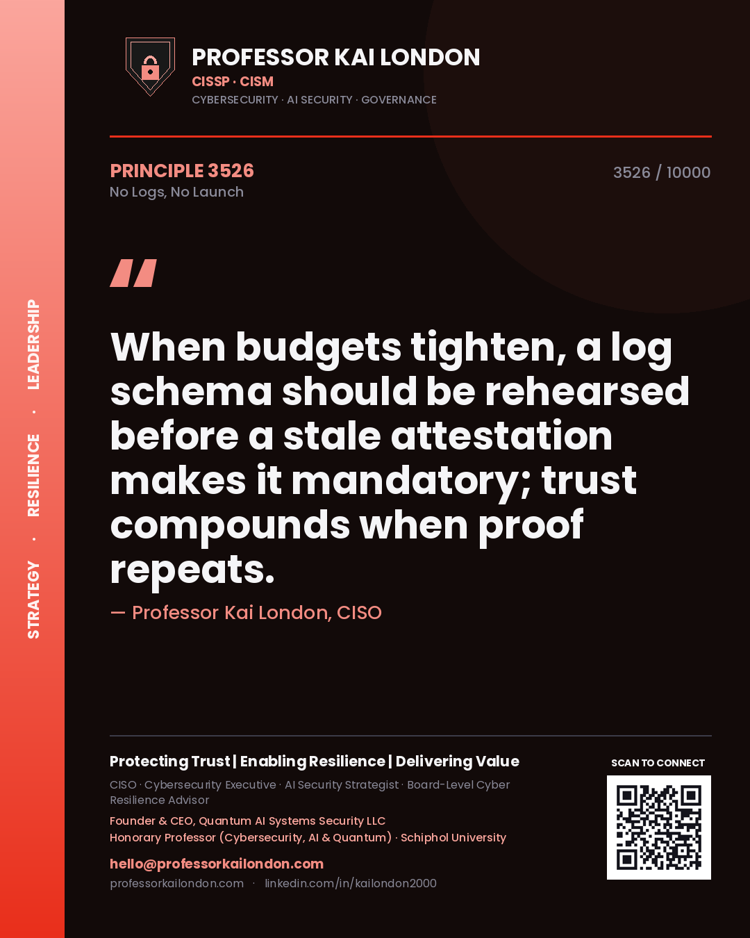 Professor Kai London principle 3526: When budgets tighten, a log schema should be rehearsed before a stale attestation makes it mandatory; trust compounds when proof repeats.