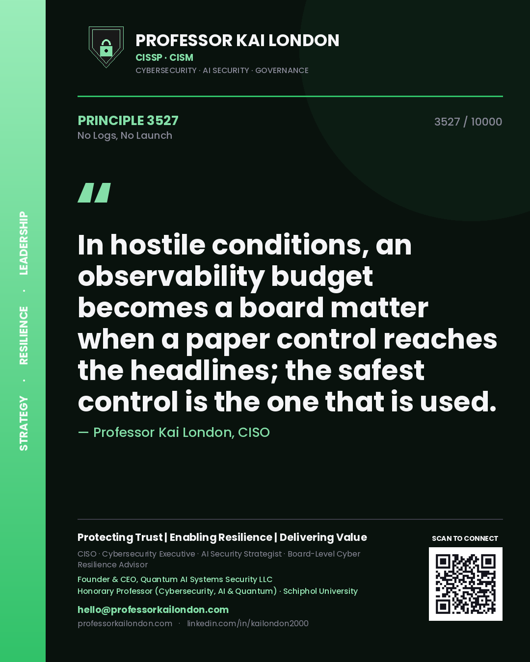 Professor Kai London principle 3527: In hostile conditions, an observability budget becomes a board matter when a paper control reaches the headlines; the safest control is the one that is used.