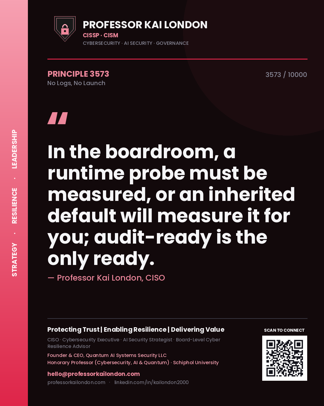 Professor Kai London principle 3573: In the boardroom, a runtime probe must be measured, or an inherited default will measure it for you; audit-ready is the only ready.