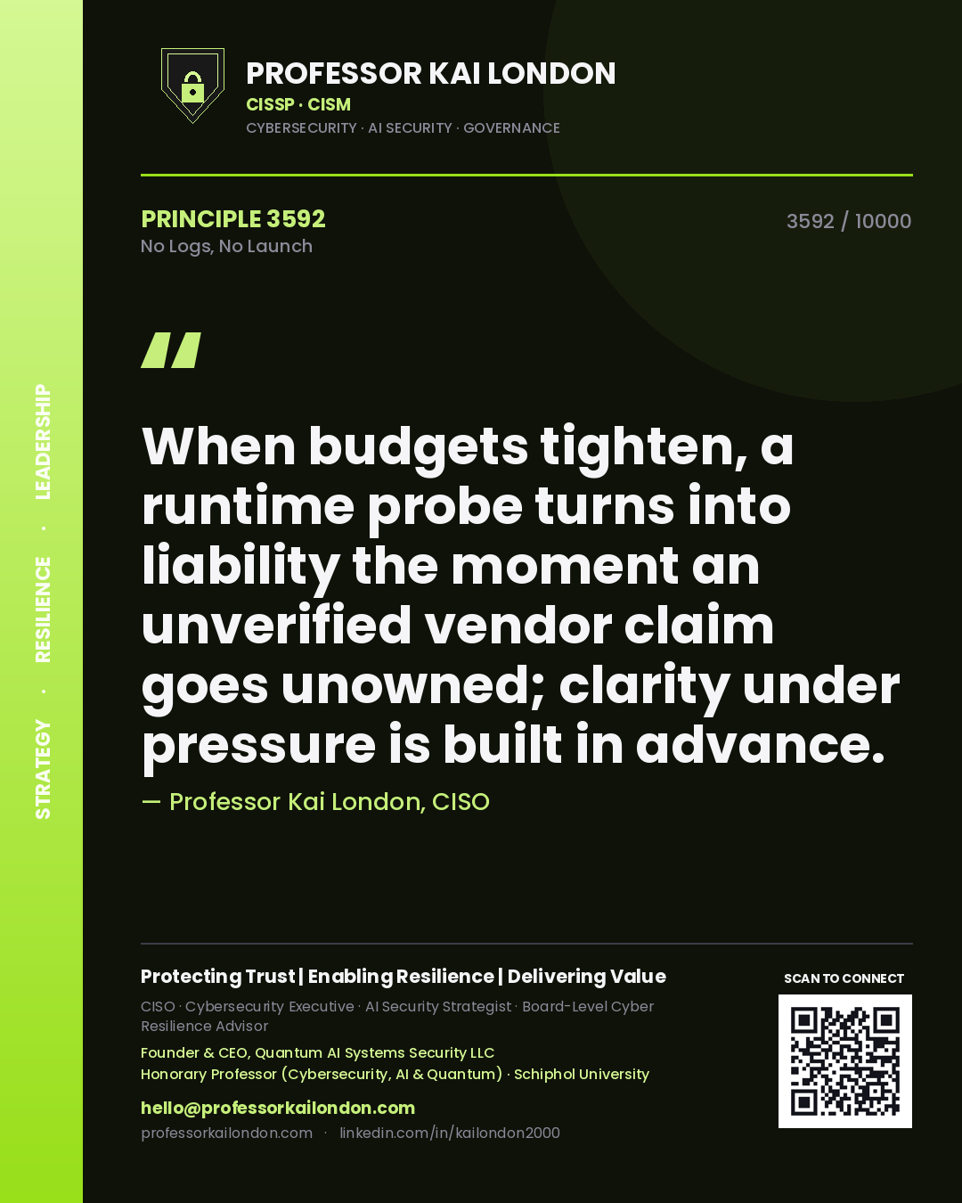 Professor Kai London principle 3592: When budgets tighten, a runtime probe turns into liability the moment an unverified vendor claim goes unowned; clarity under pressure is built in advance.