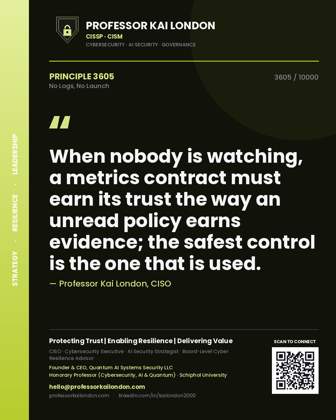 Professor Kai London principle 3605: When nobody is watching, a metrics contract must earn its trust the way an unread policy earns evidence; the safest control is the one that is used.