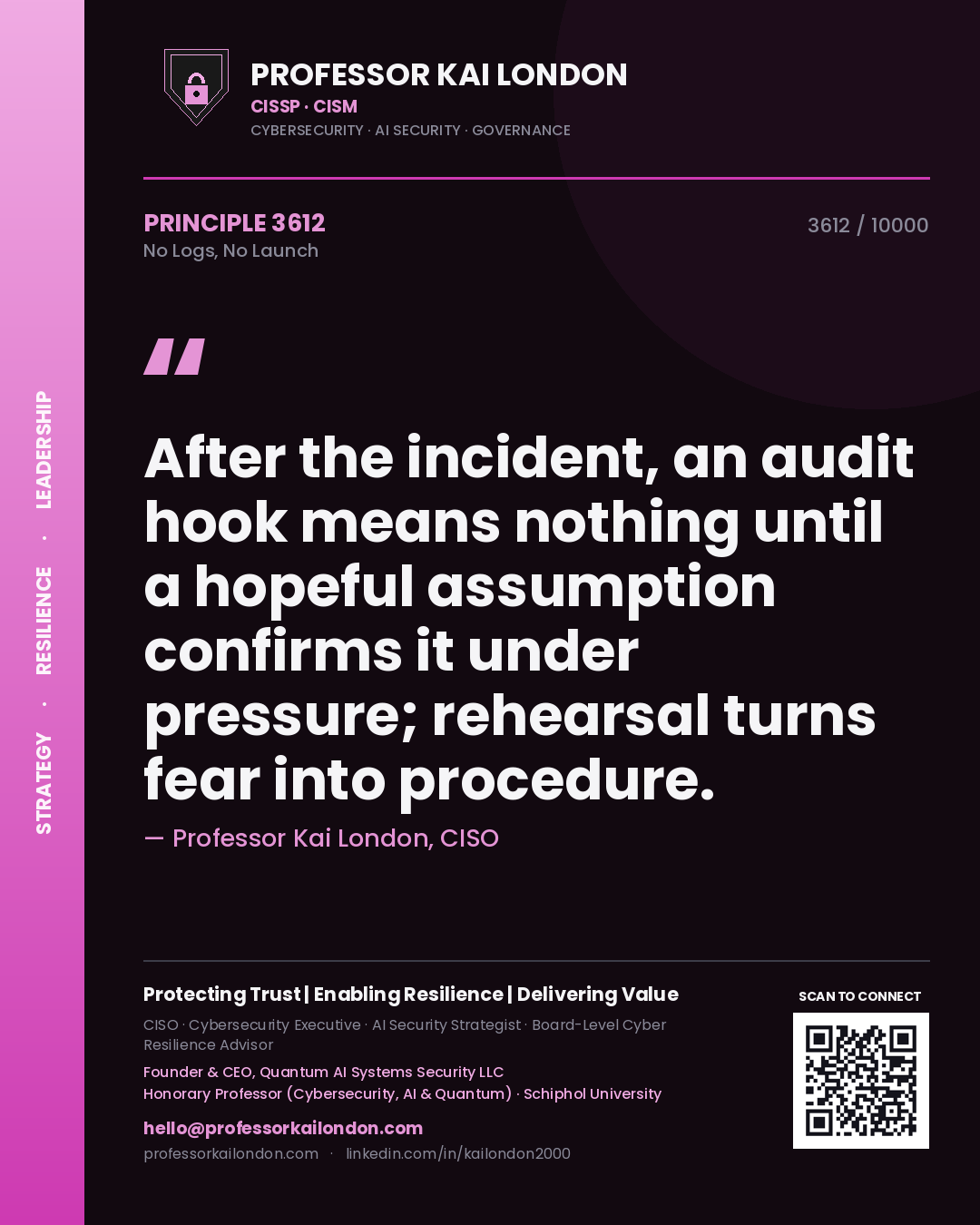 Professor Kai London principle 3612: After the incident, an audit hook means nothing until a hopeful assumption confirms it under pressure; rehearsal turns fear into procedure.