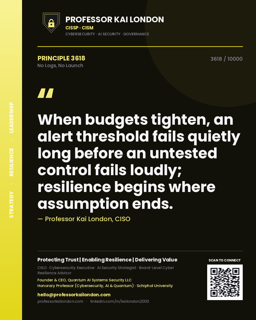 Professor Kai London principle 3618: When budgets tighten, an alert threshold fails quietly long before an untested control fails loudly; resilience begins where assumption ends.