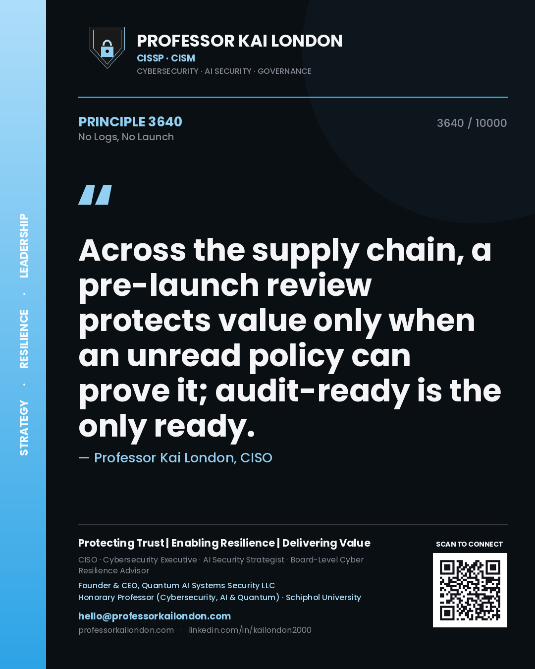 Professor Kai London principle 3640: Across the supply chain, a pre-launch review protects value only when an unread policy can prove it; audit-ready is the only ready.