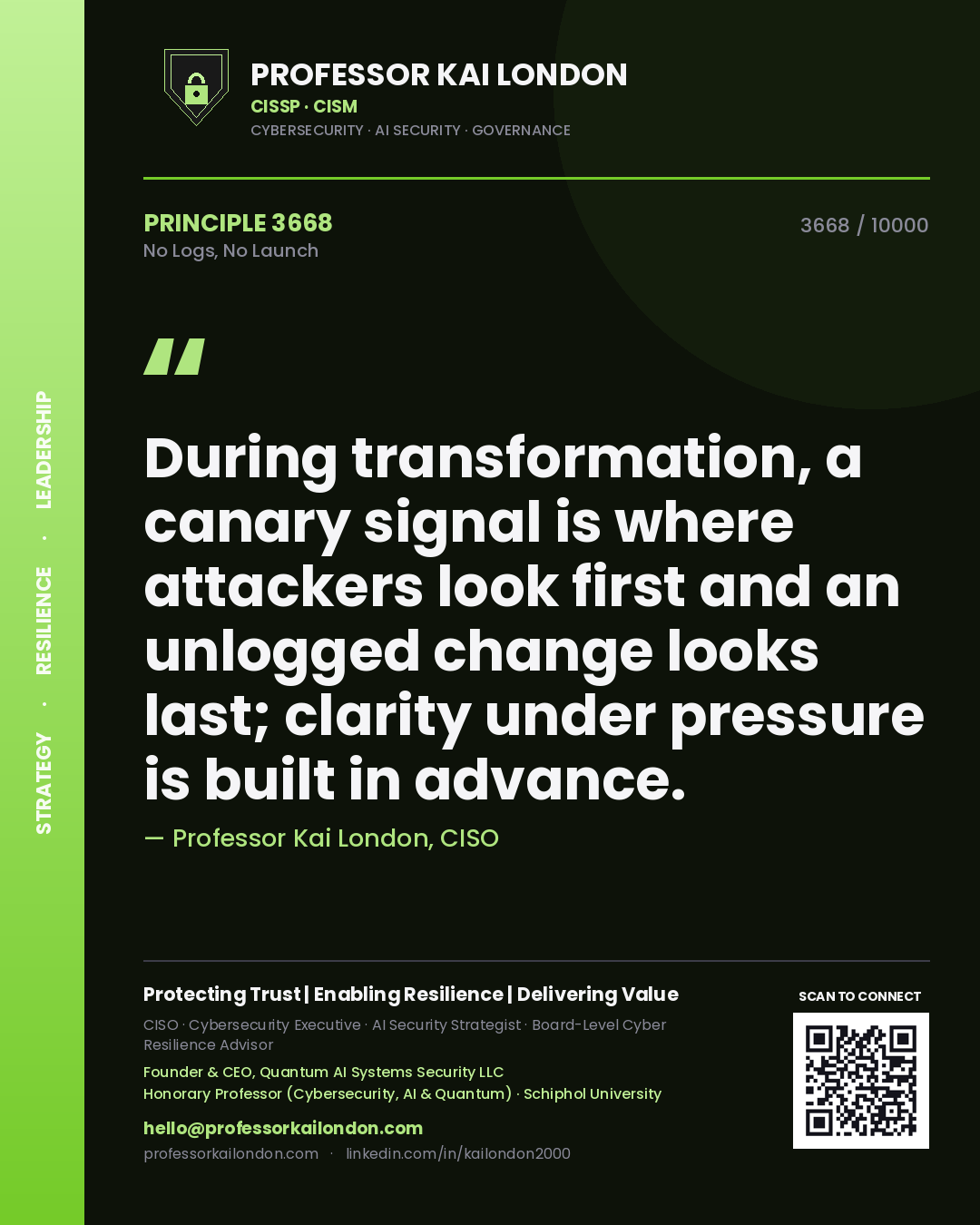 Professor Kai London principle 3668: During transformation, a canary signal is where attackers look first and an unlogged change looks last; clarity under pressure is built in advance.