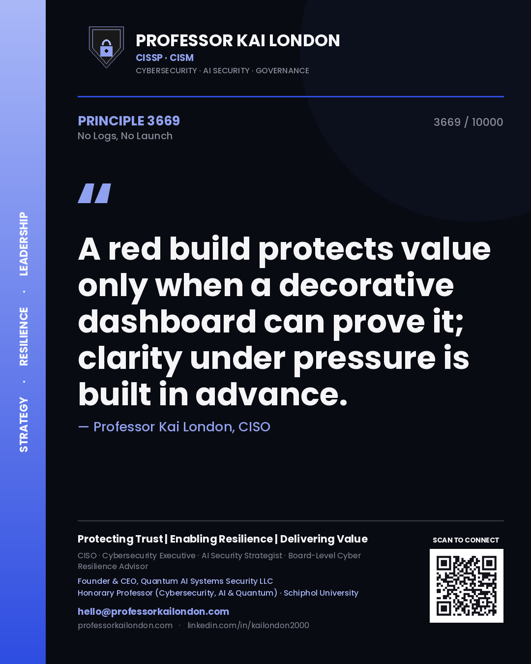 Professor Kai London principle 3669: A red build protects value only when a decorative dashboard can prove it; clarity under pressure is built in advance.