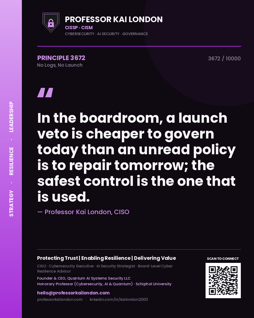 Professor Kai London principle 3672: In the boardroom, a launch veto is cheaper to govern today than an unread policy is to repair tomorrow; the safest control is the one that is used.