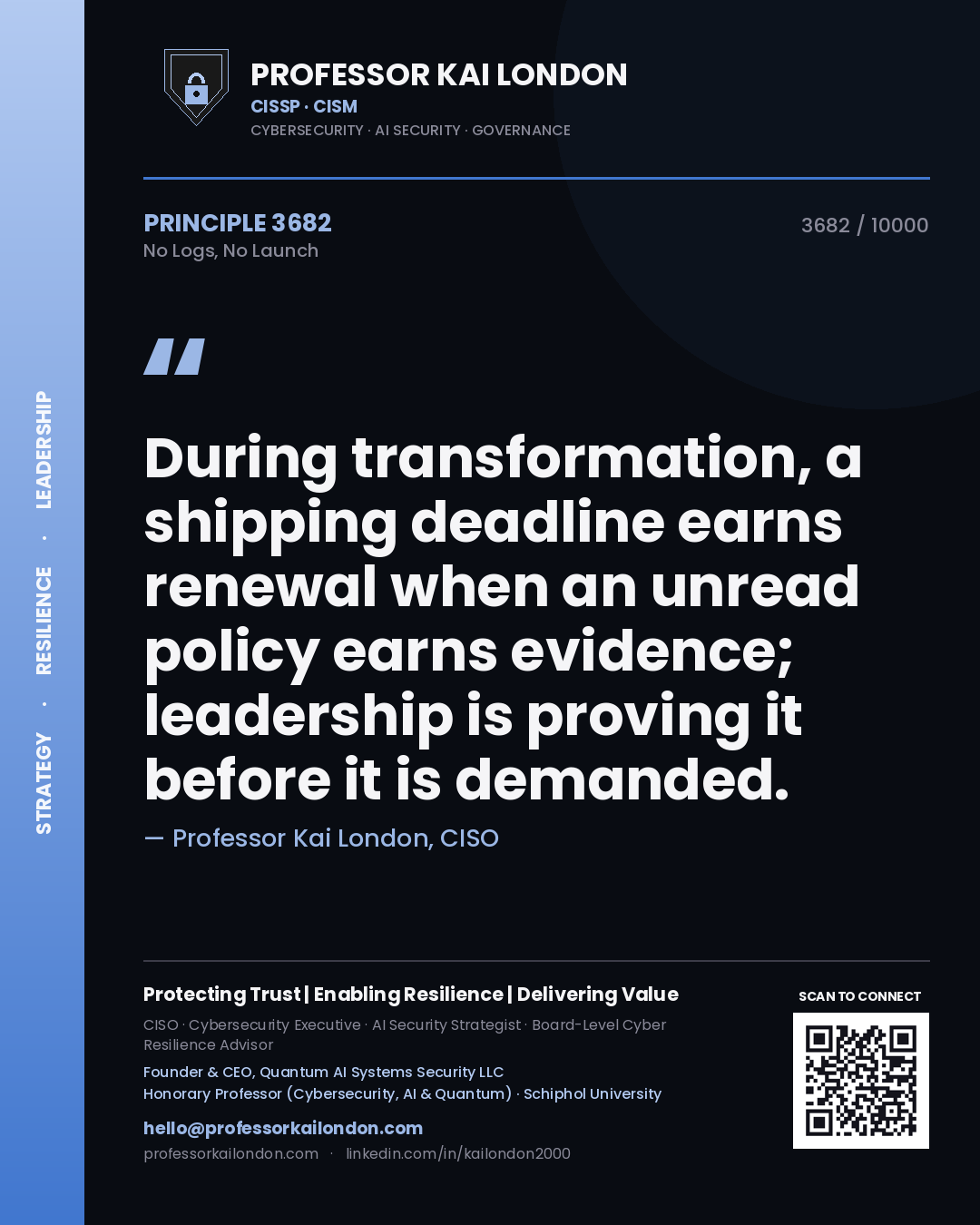 Professor Kai London principle 3682: During transformation, a shipping deadline earns renewal when an unread policy earns evidence; leadership is proving it before it is demanded.