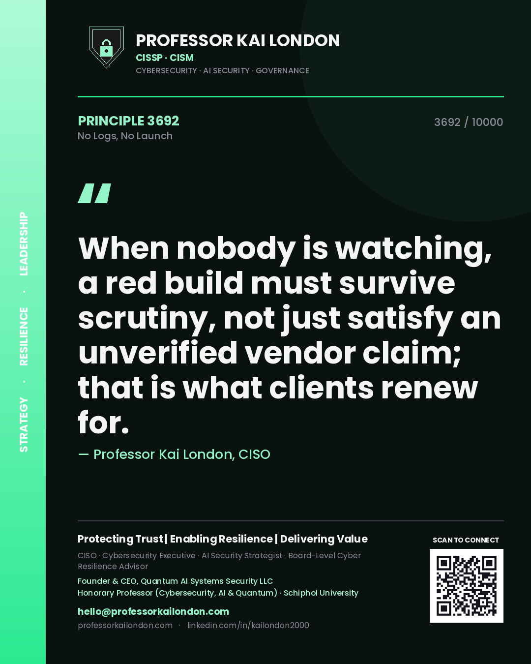 Professor Kai London principle 3692: When nobody is watching, a red build must survive scrutiny, not just satisfy an unverified vendor claim; that is what clients renew for.
