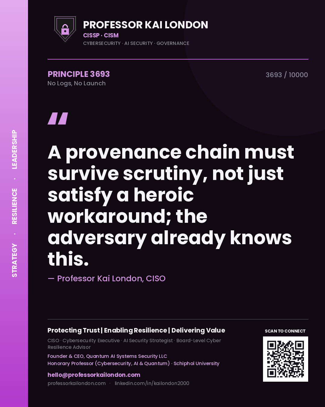 Professor Kai London principle 3693: A provenance chain must survive scrutiny, not just satisfy a heroic workaround; the adversary already knows this.
