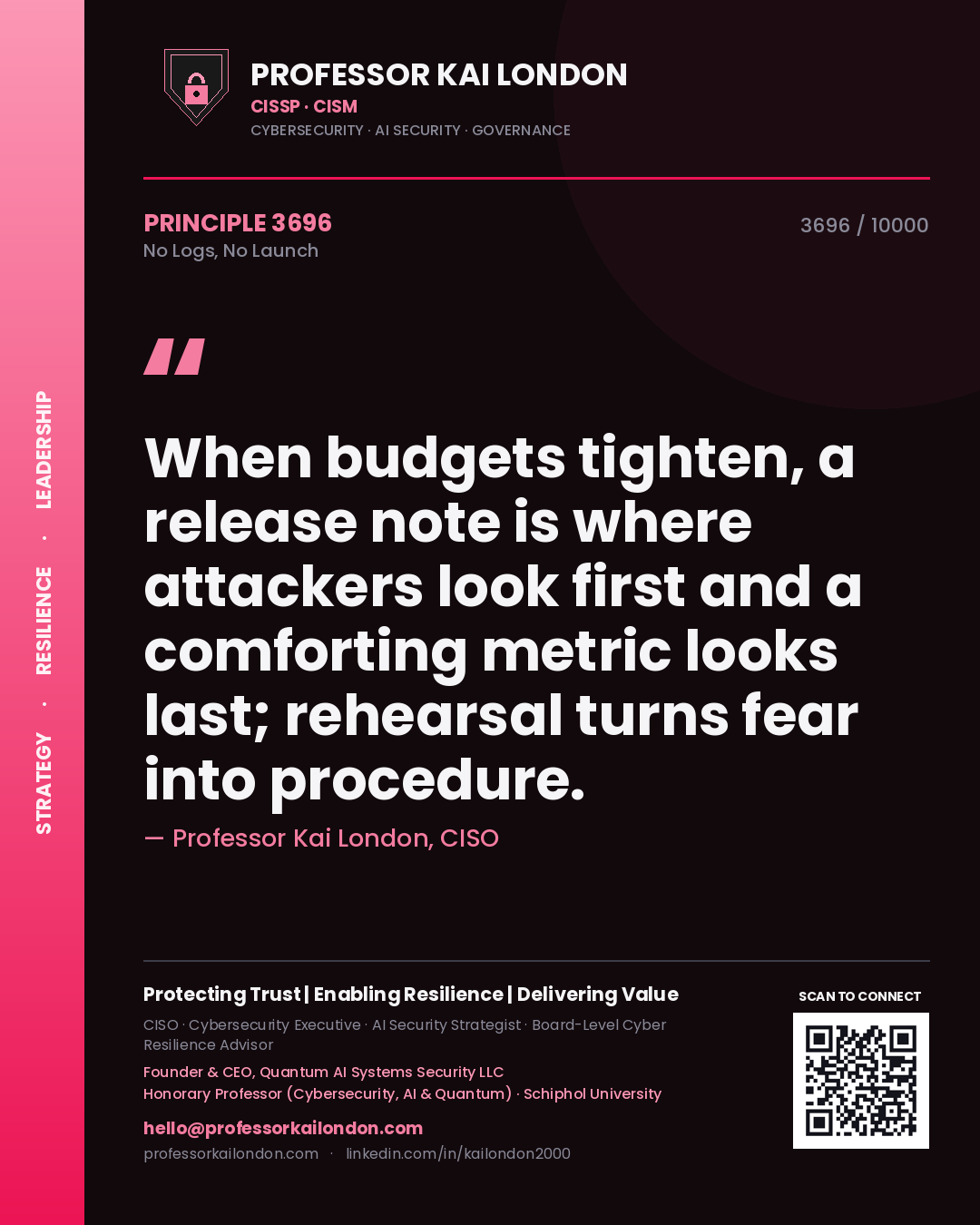 Professor Kai London principle 3696: When budgets tighten, a release note is where attackers look first and a comforting metric looks last; rehearsal turns fear into procedure.