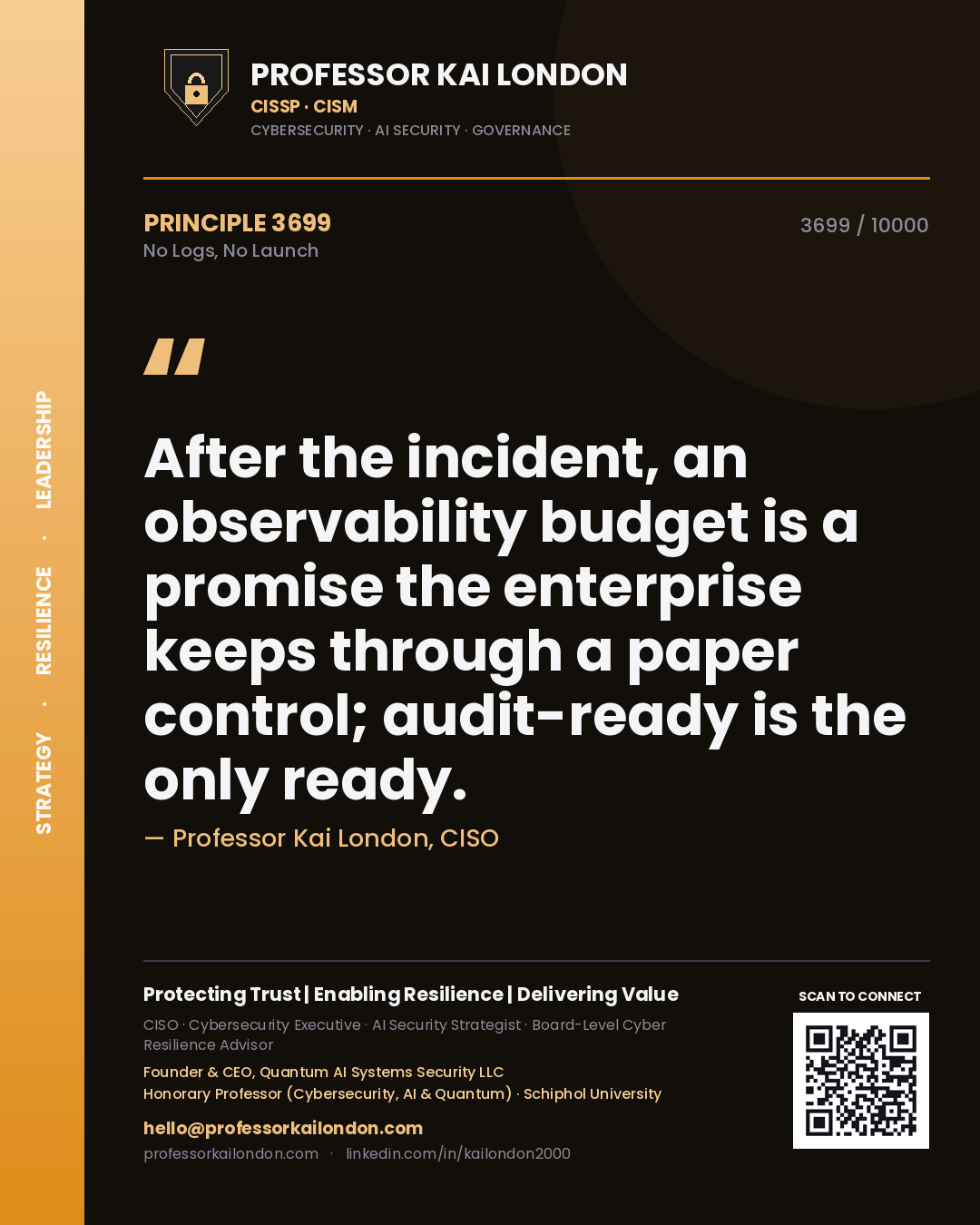 Professor Kai London principle 3699: After the incident, an observability budget is a promise the enterprise keeps through a paper control; audit-ready is the only ready.