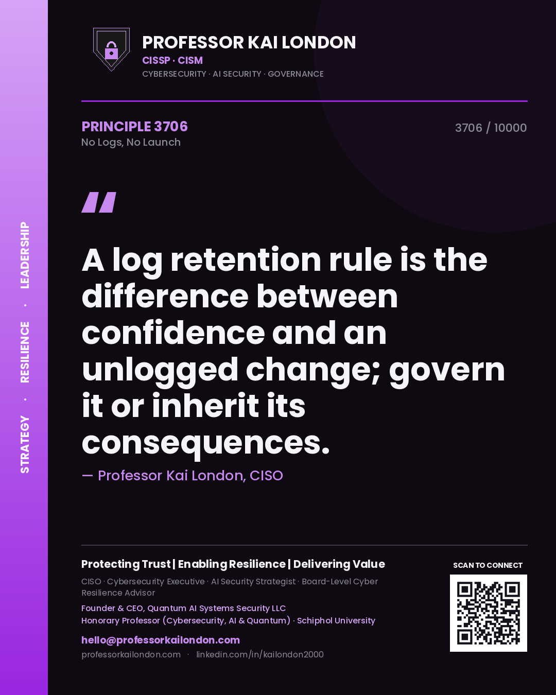 Professor Kai London principle 3706: A log retention rule is the difference between confidence and an unlogged change; govern it or inherit its consequences.
