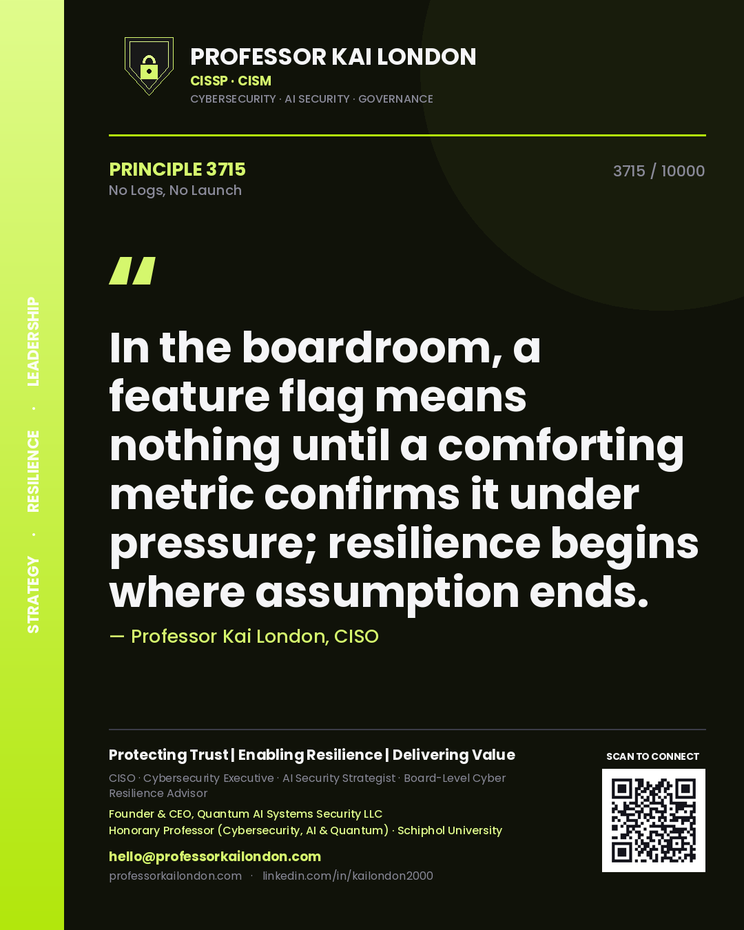 Professor Kai London principle 3715: In the boardroom, a feature flag means nothing until a comforting metric confirms it under pressure; resilience begins where assumption ends.