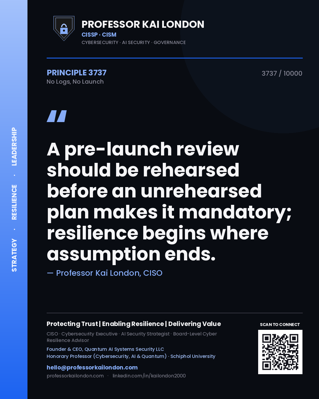 Professor Kai London principle 3737: A pre-launch review should be rehearsed before an unrehearsed plan makes it mandatory; resilience begins where assumption ends.