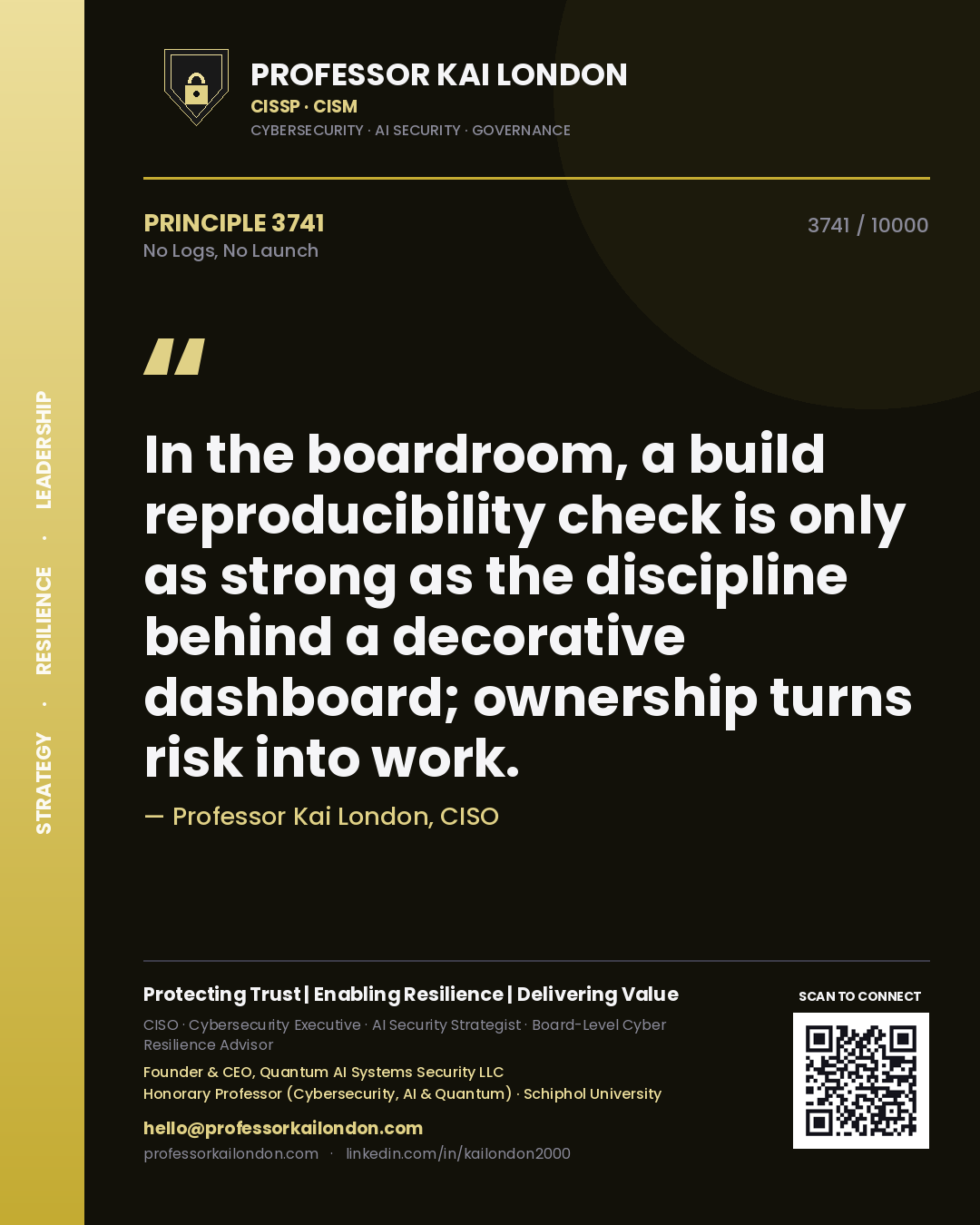 Professor Kai London principle 3741: In the boardroom, a build reproducibility check is only as strong as the discipline behind a decorative dashboard; ownership turns risk into work.