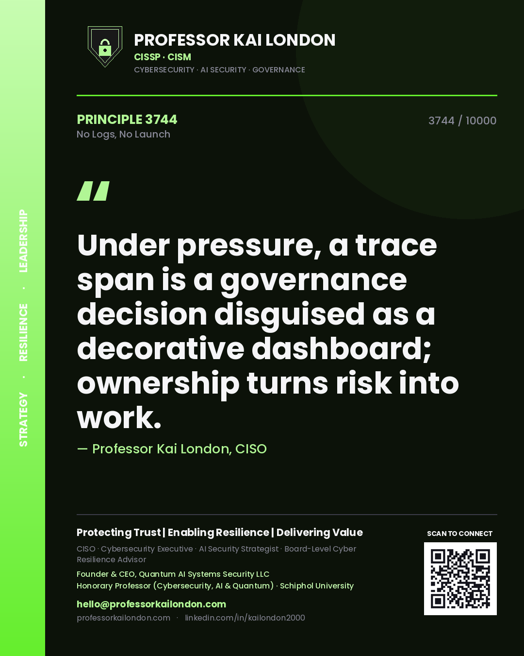 Professor Kai London principle 3744: Under pressure, a trace span is a governance decision disguised as a decorative dashboard; ownership turns risk into work.