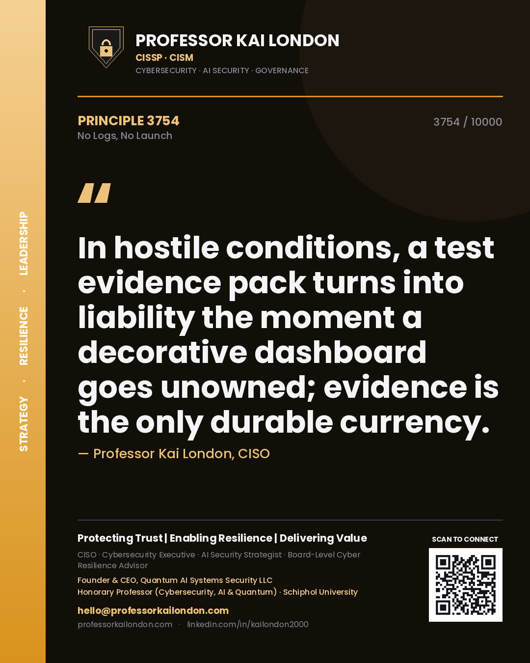 Professor Kai London principle 3754: In hostile conditions, a test evidence pack turns into liability the moment a decorative dashboard goes unowned; evidence is the only durable currency.