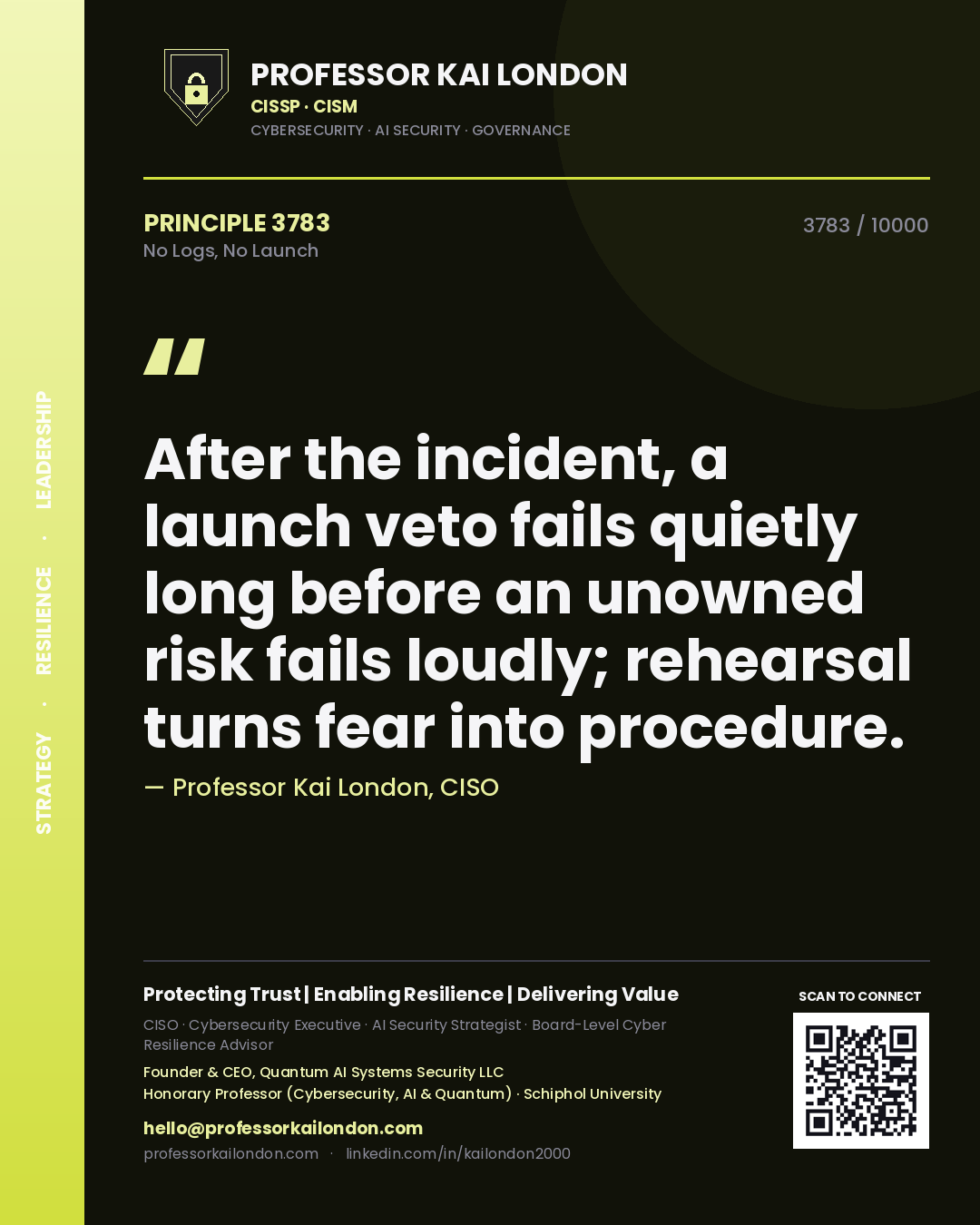 Professor Kai London principle 3783: After the incident, a launch veto fails quietly long before an unowned risk fails loudly; rehearsal turns fear into procedure.