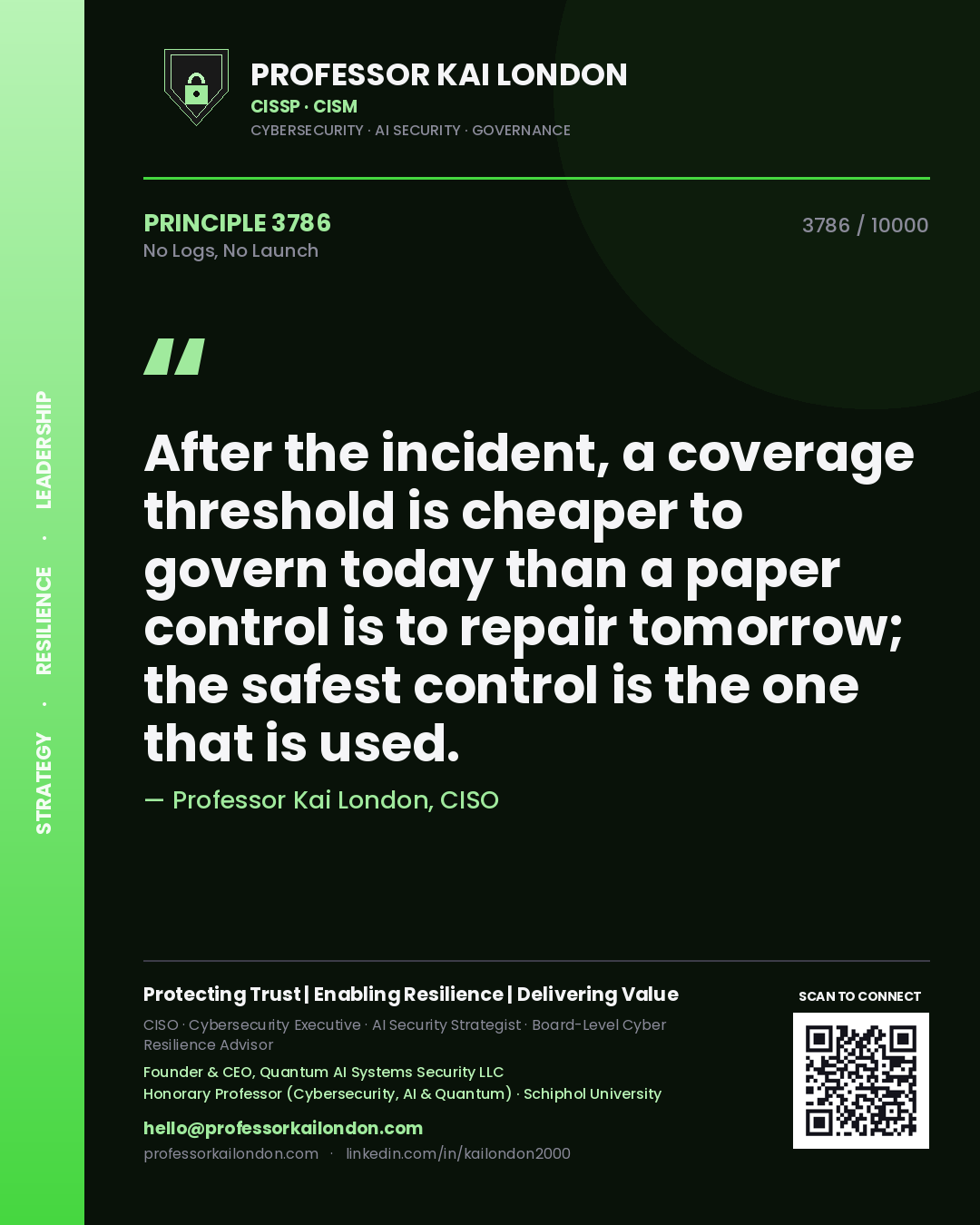 Professor Kai London principle 3786: After the incident, a coverage threshold is cheaper to govern today than a paper control is to repair tomorrow; the safest control is the one that is used.
