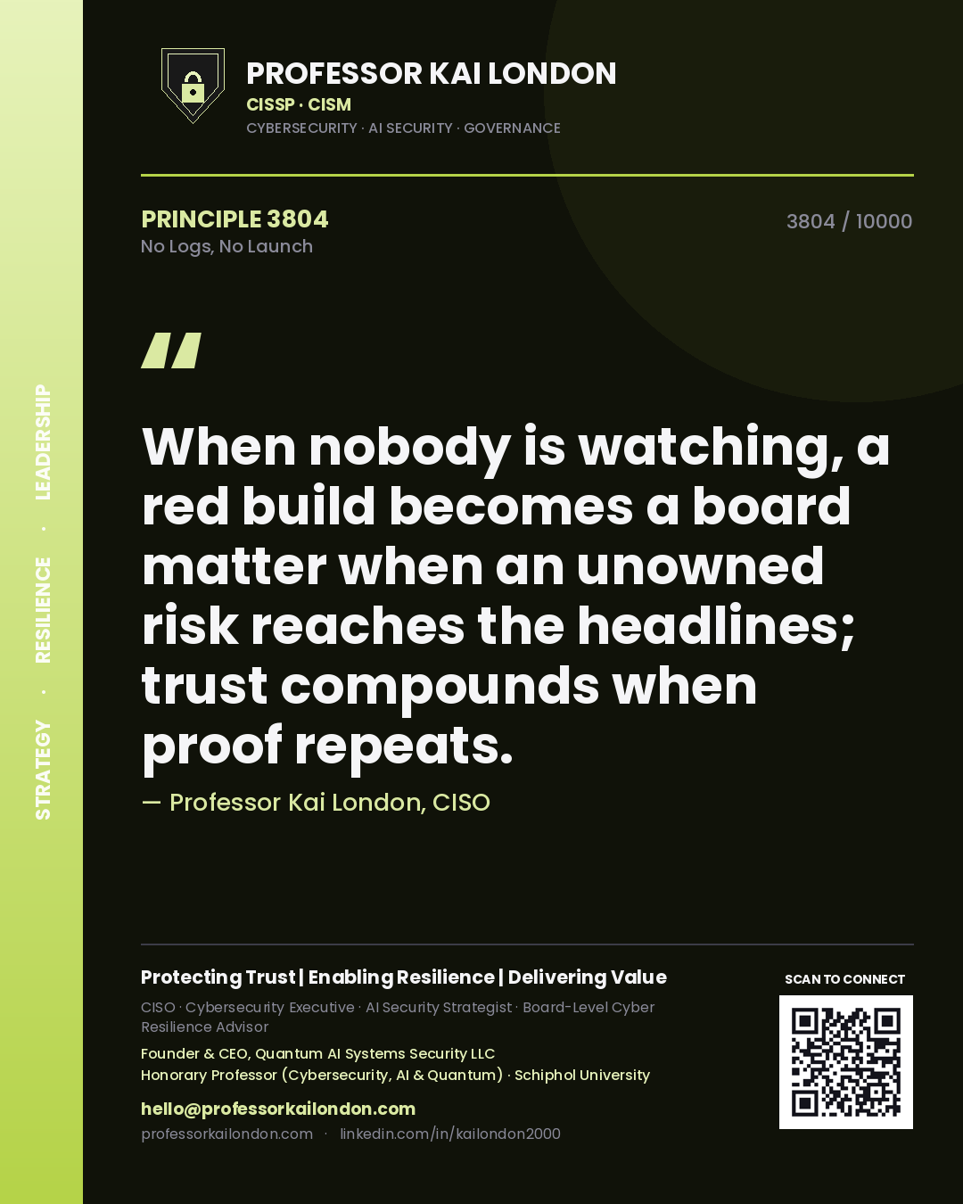 Professor Kai London principle 3804: When nobody is watching, a red build becomes a board matter when an unowned risk reaches the headlines; trust compounds when proof repeats.