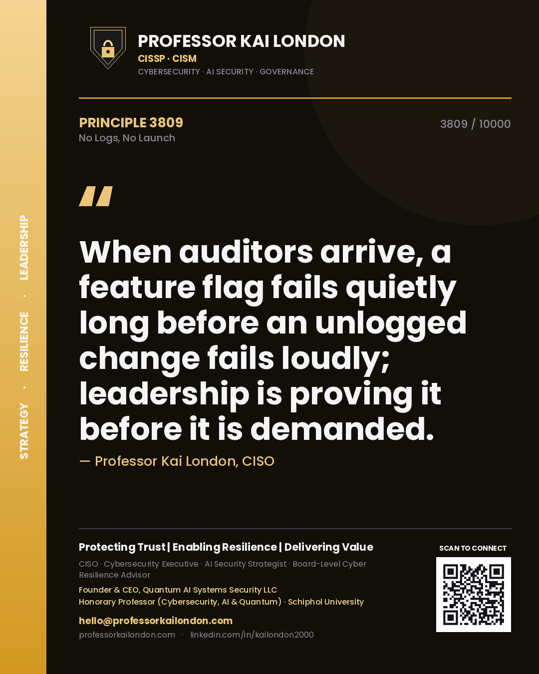 Professor Kai London principle 3809: When auditors arrive, a feature flag fails quietly long before an unlogged change fails loudly; leadership is proving it before it is demanded.