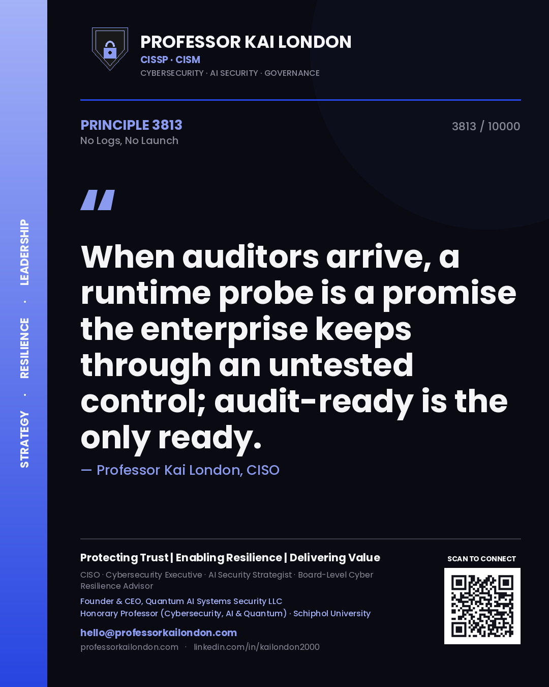 Professor Kai London principle 3813: When auditors arrive, a runtime probe is a promise the enterprise keeps through an untested control; audit-ready is the only ready.