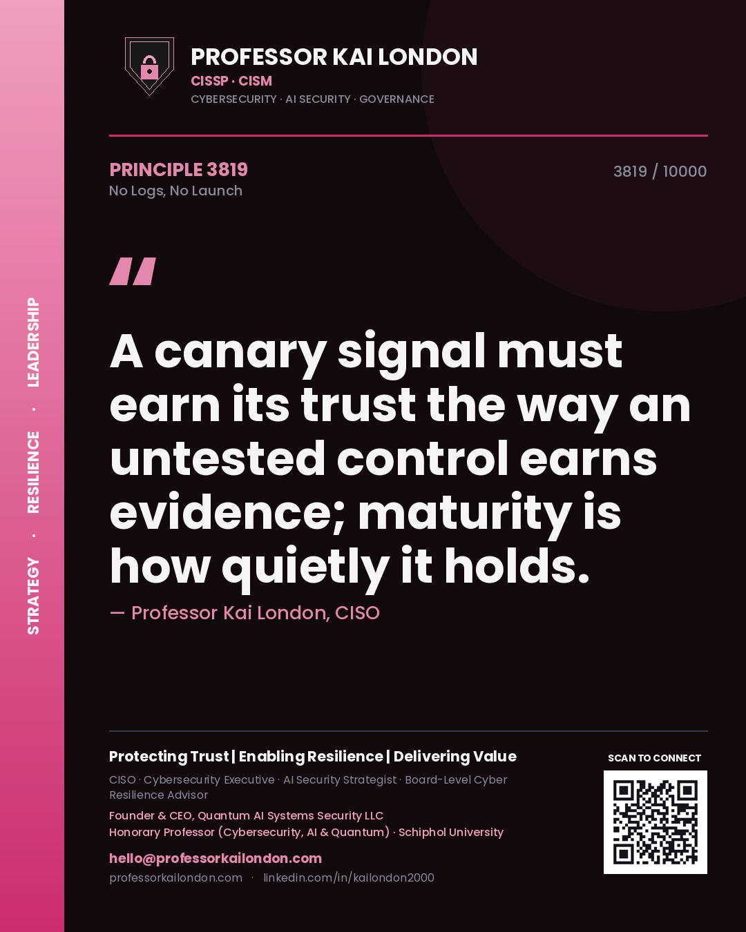 Professor Kai London principle 3819: A canary signal must earn its trust the way an untested control earns evidence; maturity is how quietly it holds.