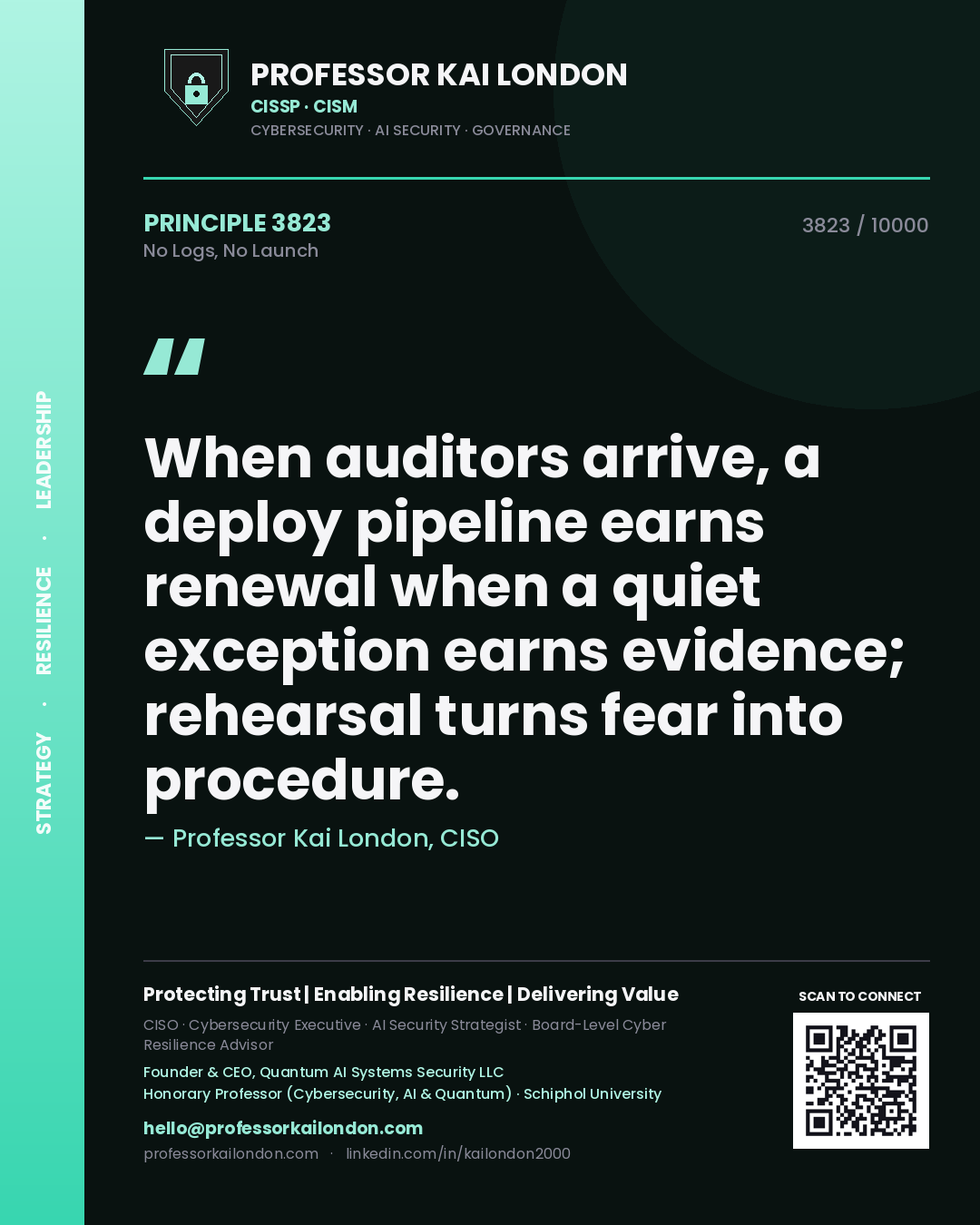 Professor Kai London principle 3823: When auditors arrive, a deploy pipeline earns renewal when a quiet exception earns evidence; rehearsal turns fear into procedure.