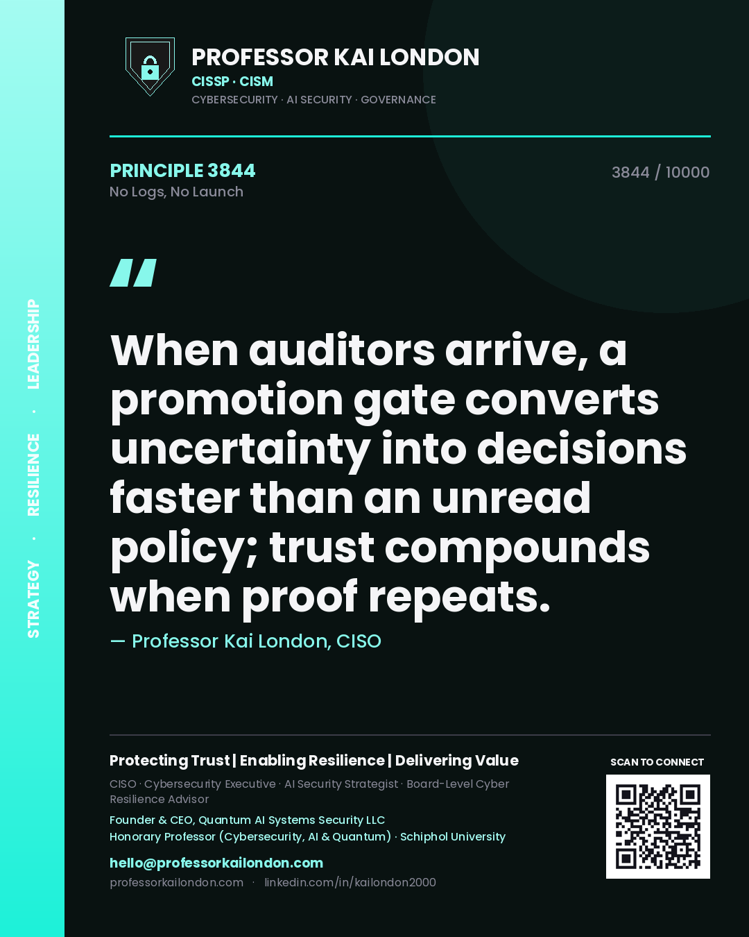 Professor Kai London principle 3844: When auditors arrive, a promotion gate converts uncertainty into decisions faster than an unread policy; trust compounds when proof repeats.